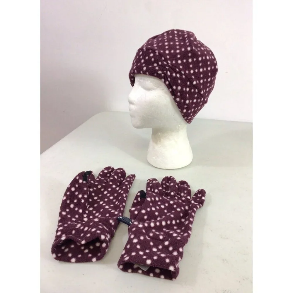 Lands End Fleece Winter Hat Beanie & Matching Gloves Womens One Size